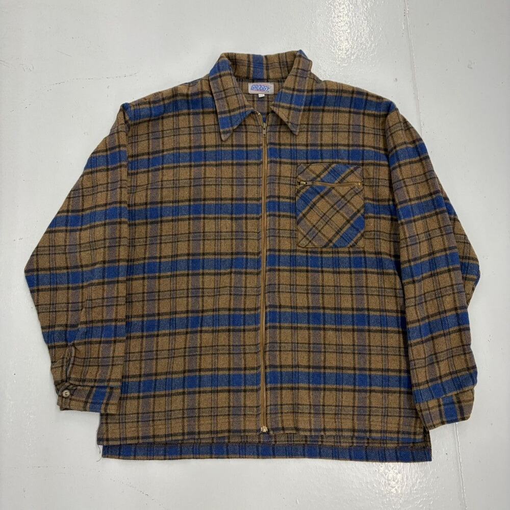 Vintage 90s Groggy Brown/Blue Plaid Wool Fleece Shirt Jacket